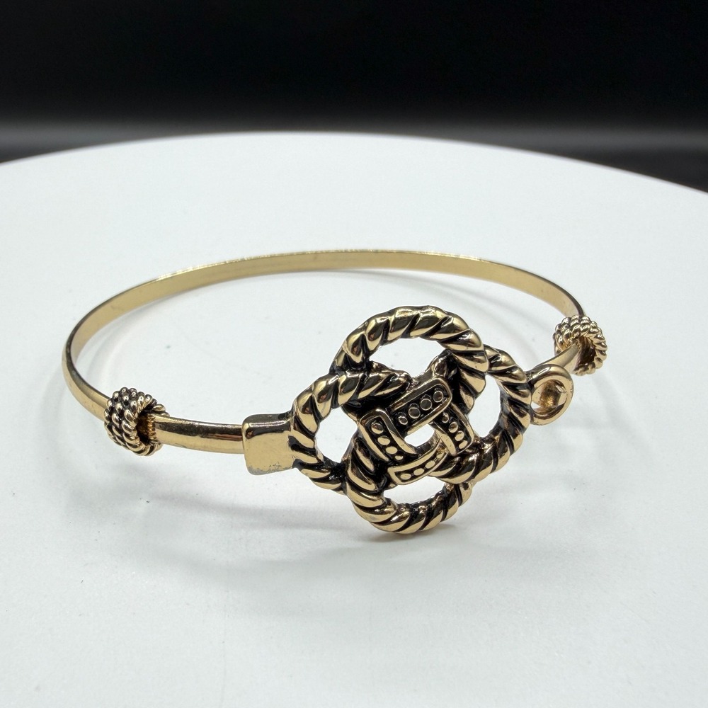 Gold Tone Nautical Rope Knot Hook Bangle Bracelet Coastal Boho Statement Gift
